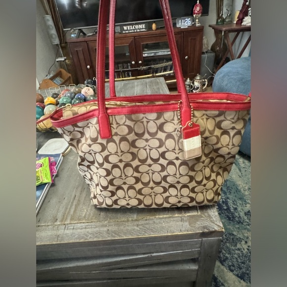 Coach 23465 Signature Canvas Weekend Zip Top Tote Bag Purse Handbag Red Khaki - Picture 1 of 16